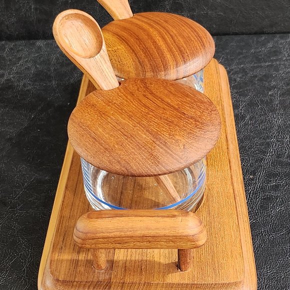 Mid Century Danish Modern 1969 Teak Condiment Set With Tray And Spoons - Picture 2 of 8